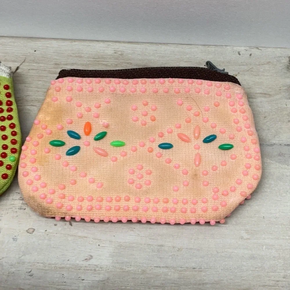 Vintage Beaded Coin Purse Set Lime Green Peach Floral Mid Century Retro Pouch